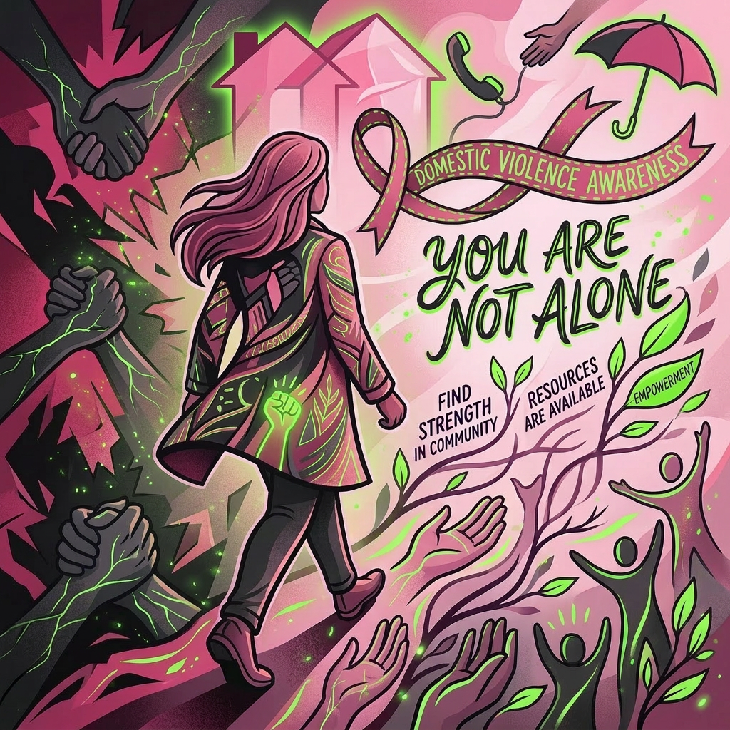 Domestic violence awareness and empowerment A person walking toward supportive hands with text reading Domestic Violence Awareness, You Are Not Alone, Find Strength in Community, Resources Are Available, Empowerment